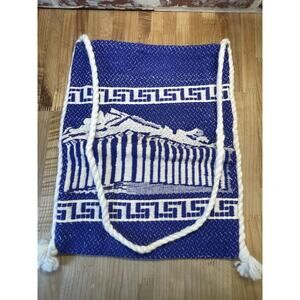 Greece Vintage Heavy Woven‎ Blue White Souvenir 12 x 14 Tote Bag With Tassels